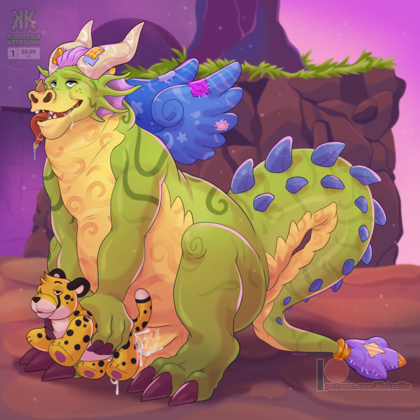 activision anthro balls bodily_fluids cheetah claws cum dragon felid feline genital_fluids genitals green_body hair hi_res horn klotzzilla male mammal mudada_(spyro) outside penis plushie plushophilia purple_hair rescued_dragons_(spyro) scalie shadowpelt slightly_chubby solo spyro_reignited_trilogy spyro_the_dragon tongue tongue_out video_games wings