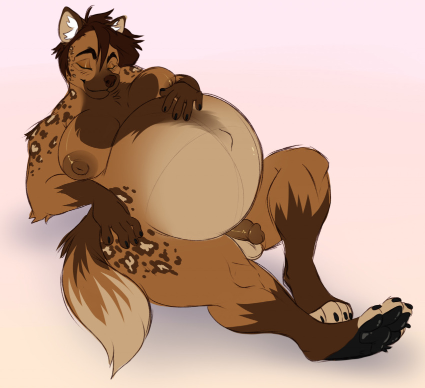 anthro areola balls barefoot belly big_belly big_moobs big_nipples black_nails black_pawpads blush blush_lines brown_body brown_fur brown_hair brown_nose circumcised colored_nails eyes_closed feet flaccid fur genitals hair hand_on_stomach happy hyaenid inner_ear_fluff lying male mammal moobs nails nastypasty navel nipples nude on_back outie_navel pawpads penis pregnant pregnant_male resting smile solo spotted_hyena thick_thighs tuft wide_hips