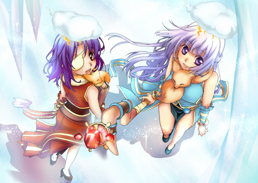 2girls alternate_color animal_around_neck bangs blue_dress blush book breasts brown_footwear cloud cloud_over_head commentary_request detached_sleeves dress eyebrows_visible_through_hair eyepatch fox full_body gem high_heels holding holding_book holding_staff ice_cave kawagoe_pochi large_breasts light_purple_hair lightning looking_at_viewer multiple_girls open_mouth pelvic_curtain professor_(ragnarok_online) purple_eyes purple_hair ragnarok_online red_dress red_sleeves short_hair sleeveless sleeveless_dress smile staff striped_sleeves yellow_sleeves