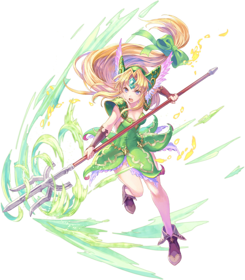 1girl blonde_hair boots bridal_gauntlets dress forehead_jewel full_body green_dress haccan helmet highres long_hair low-tied_long_hair non-web_source official_art open_mouth polearm purple_eyes riesz seiken_densetsu seiken_densetsu_3 short_dress solo transparent_background valkyrie weapon winged_helmet