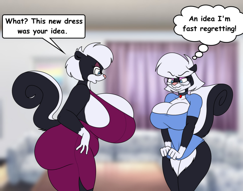 anthro big_breasts big_butt blue_eyes breast_envy breasts butt clothing daughter duo endora_(sabrina_online) eyewear female glasses huge_breasts huge_butt mammal mature_female mephitid mother parent raised_tail sabrina_(sabrina_online) sabrina_online skunk slightly_chubby tight_clothing unknown_artist webcomic