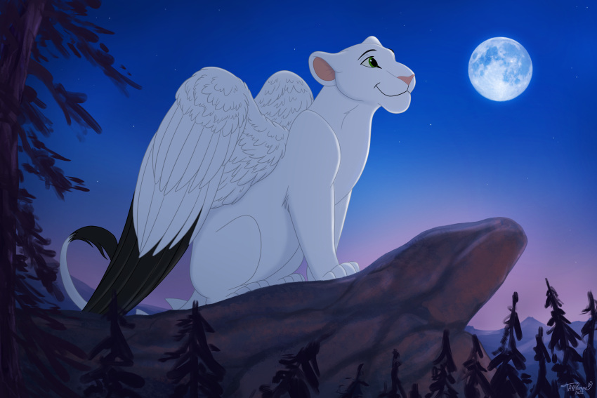 felid female feral fur hi_res light lion mammal moon moonlight night outside pantherine solo tayarinne white_body white_fur wings