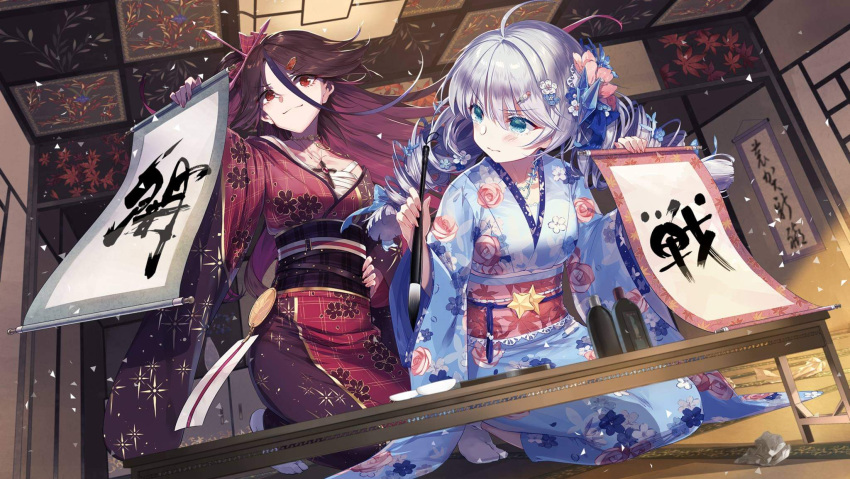 2girls bangs benghuai_xueyuan blue_eyes blue_kimono closed_mouth domotolain dress drill_hair full_moon hair_ornament highres holding holding_brush holding_scroll honkai_(series) honkai_impact_3rd houraiji_kyuushou indoors japanese_clothes kiana_kaslana kimono long_hair long_sleeves moon multiple_girls official_art purple_dress purple_eyes purple_hair purple_kimono scroll seiza sitting smile table twin_drills white_hair white_legwear