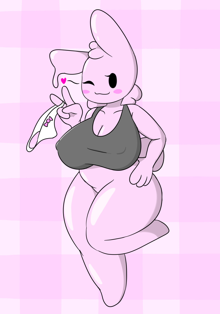 &lt;3 4_fingers anthro big_breasts blush bottomless breasts cleavage clothed clothing eyelashes female fingers goo_creature hand_on_hip holding_object lagomorph looking_at_viewer mammal nipple_bulge on_one_leg one_eye_closed panties partially_clothed pink_background pink_body rabbit shirt simple_background slightly_chubby smile solo standing thick_thighs tonytoran underwear voluptuous wide_hips wink