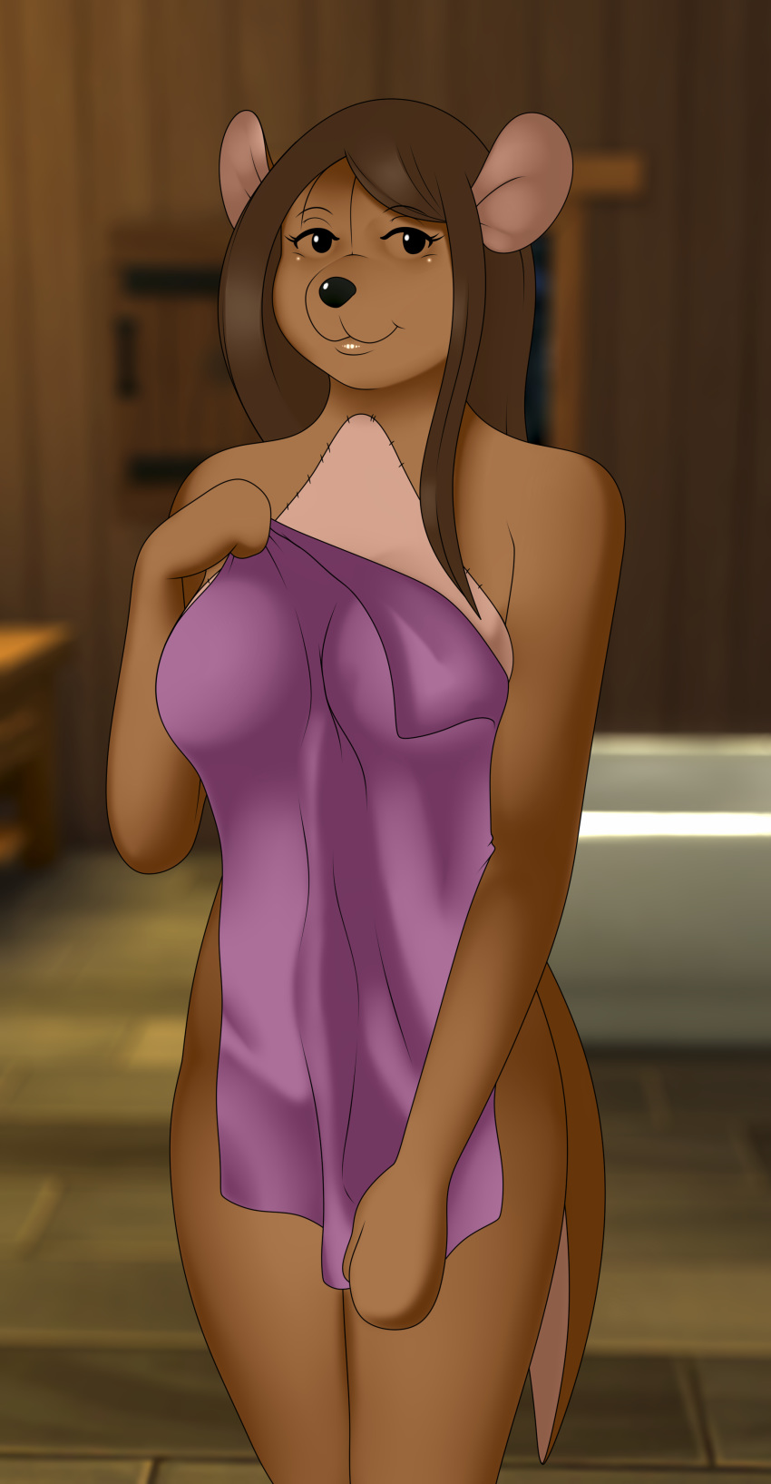 2019 animate_inanimate anthro bathroom bedroom_eyes big_breasts black_eyes breasts brown_hair buffbumblebee_(artist) covering covering_self digital_drawing_(artwork) digital_media_(artwork) disney eyelashes female fur hair half-closed_eyes half_naked hi_res holding_object kanga living_plush long_hair looking_at_viewer macropod mammal marsupial mature_female naked_towel plushie seductive smile solo standing towel winnie_the_pooh_(franchise)