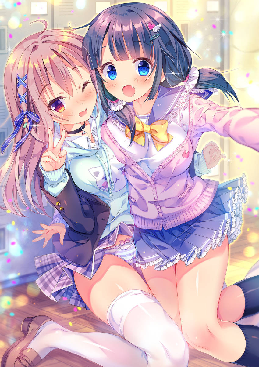 2girls :d ahoge amo animal_print black_hair black_legwear blazer blue_bow blue_eyes blue_hoodie blue_sailor_collar blue_skirt blush bow bow_panties breast_press breasts brown_footwear brown_hair brown_jacket cameltoe cardigan cat_print collared_shirt commentary_request drawstring fang fingernails frilled_skirt frills hair_bow hair_ornament hairclip heart heart_hair_ornament highres hood hood_down hoodie indoors jacket kneehighs loafers long_hair long_sleeves low_twintails medium_breasts moe2019 multiple_girls on_floor one_eye_closed open_blazer open_clothes open_jacket open_mouth original outstretched_arm panties pink_cardigan pink_skirt plaid plaid_skirt pleated_skirt print_hoodie reaching_out red_eyes sailor_collar school_uniform self_shot serafuku shirt shoe_locker shoes skirt sleeves_past_wrists smile striped striped_panties thighhighs twintails underwear v very_long_hair white_legwear white_shirt wing_hair_ornament wooden_floor