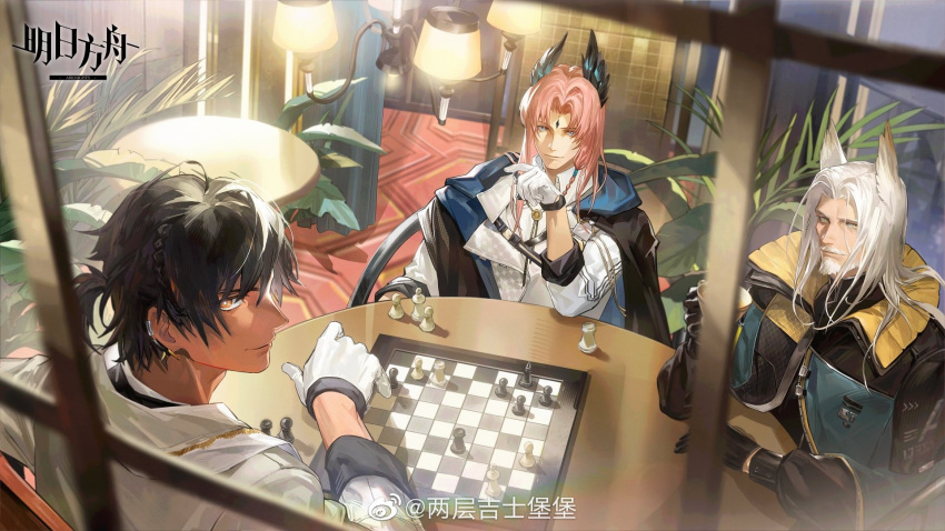 3boys arknights artist_name bangs beard black_gloves black_hair blue_eyes board_game braid bright_pupils chess chessboard closed_mouth coat copyright_name cup dark-skinned_male dark_skin ear_piercing facial_hair facial_mark forehead_mark from_behind from_outside gloves head_wings hellagur_(arknights) highres holding holding_cup long_hair long_sleeves looking_back looking_outside male_focus multiple_boys mustache orange_eyes parted_bangs passenger_(arknights) piercing pink_hair redsakaone short_hair silver_hair sitting smile table teacup thorns_(arknights) upper_body weibo_username white_coat white_gloves window yellow_eyes
