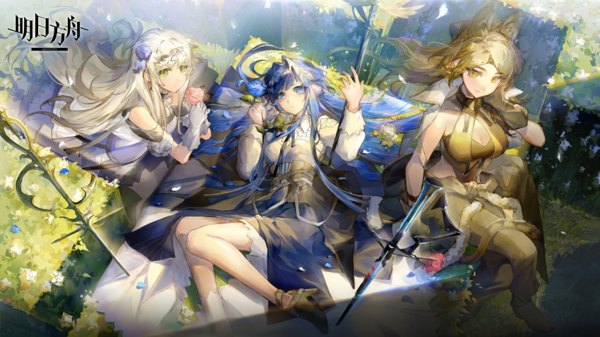 3girls animal_ear_fluff animal_ears arknights arm_up astesia_(arknights) bare_shoulders bibeak_(arknights) black_footwear blonde_hair blue_eyes blue_flower blue_hair blue_rose blue_skirt breasts bright_pupils brown_gloves brown_leotard brown_pants cat_ears cat_tail cleavage cleavage_cutout closed_mouth clothes_around_waist clothing_cutout copyright_name corset dress flower from_above gloves green_eyes hair_intakes hair_ribbon hand_on_own_cheek hand_on_own_face high_heels highres holding holding_flower large_breasts layered_skirt leaf leotard leotard_under_clothes long_hair long_sleeves looking_at_viewer looking_up lying medium_breasts multiple_girls on_back on_stomach pants petals pink_flower pink_rose planted planted_sword purple_dress quercus_(arknights) ribbon rose rose_petals shirt silver_hair sitting skirt smile sword tail very_long_hair weapon white_gloves white_ribbon white_shirt yellow_eyes yuji_(fantasia)
