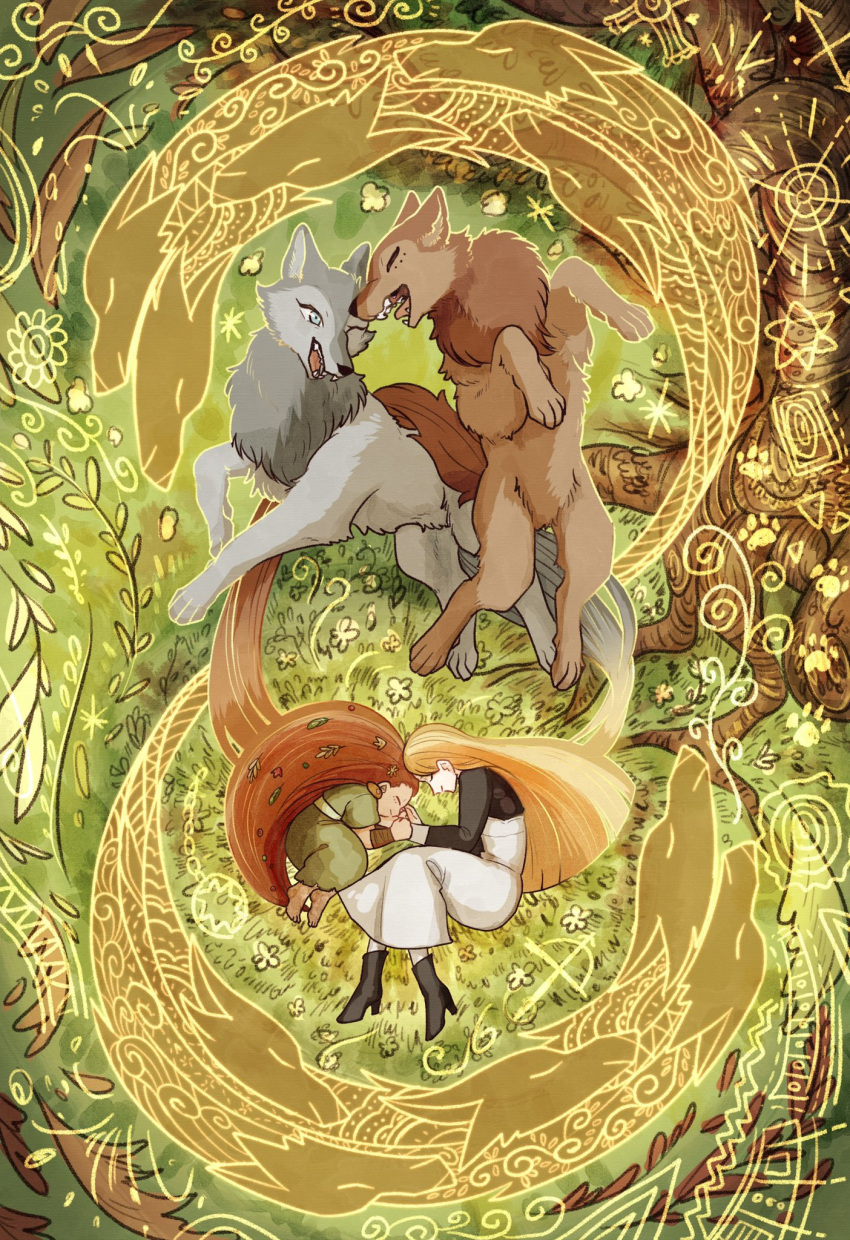 2girls apron barefoot blonde_hair blue_eyes boots closed_eyes commentary_request dress dual_persona grass highres leaf lying mebh_og_mactire minamo_genkou multiple_girls on_side one_eye_closed paw_print red_hair robyn_goodfellowe sleeping tree wolf wolfwalkers