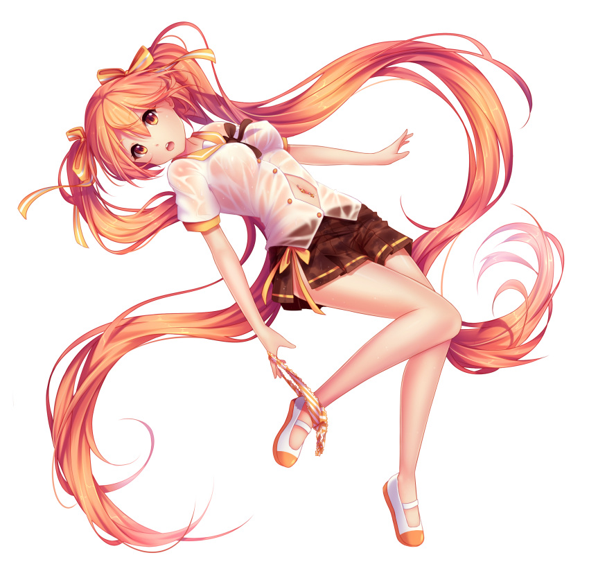 1girl :o absurdly_long_hair absurdres bare_legs blush body_blush bow breasts brown_skirt buttons commentary commission covered_nipples english_commentary eyebrows eyebrows_visible_through_hair full_body hair_between_eyes hair_bow highres horizontal_stripes hyanna-natsu long_hair looking_at_viewer mary_janes medium_breasts navel navel_piercing no_legwear open_mouth orange_eyes orange_hair original panties panty_pull piercing pleated_skirt puffy_short_sleeves puffy_sleeves pulled_by_self round_teeth sailor_collar school_uniform see-through serafuku shirt shoes short_sleeves side_slit skirt solo stomach striped striped_panties tareme teeth underwear undressing very_long_hair wet wet_clothes wet_shirt white_shirt yellow_bow