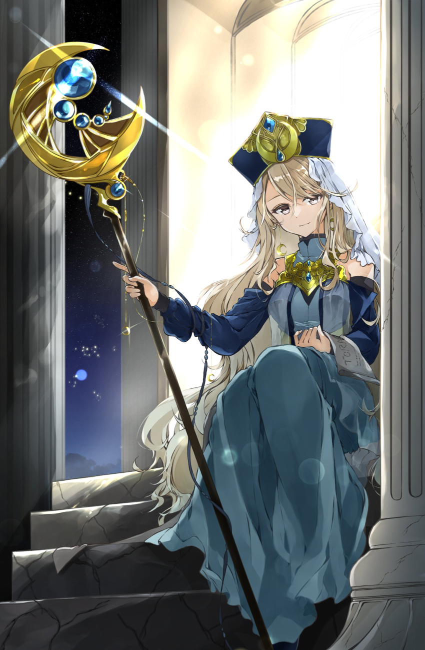 1girl bangs blonde_hair blue_dress blue_gemstone blue_headwear breasts column cracked_floor crescent crescent_earrings crescent_wand detached_sleeves dress earrings fujishiro_kazuha full_body gate gem glint glowing grey_eyes hat high_collar highres holding holding_scroll holding_staff index_finger_raised jewelry lens_flare long_hair medium_breasts mitre mixed-language_commentary night night_sky original pillar priestess scroll sitting sky sleeveless sleeveless_dress smile solo staff swept_bangs the_high_priestess_(tarot) veil wavy_hair