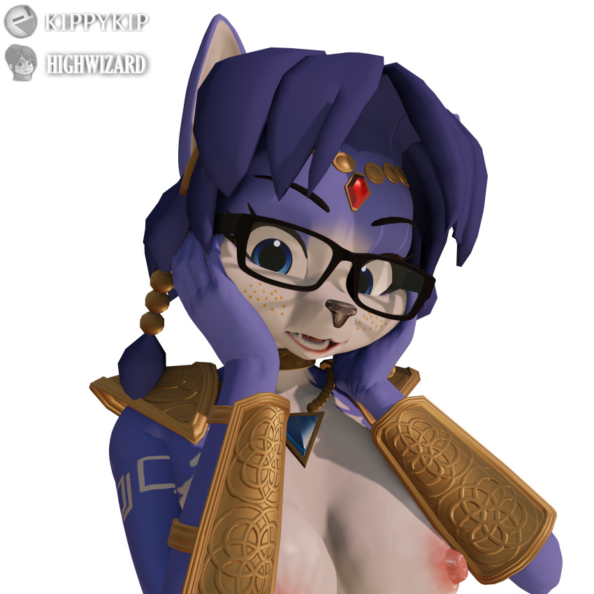 3d_(artwork) absurd_res alpha_channel blue_body blue_eyes breasts canid canine digital_media_(artwork) eyewear female fox freckles gem glasses hand_on_cheek hi_res highwizard jewelry kippykip krystal looking_at_viewer mammal nintendo nipples simple_background solo star_fox transparent_background video_games