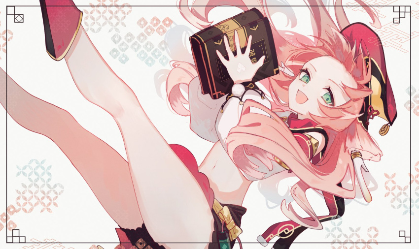1girl book boots brown_shorts detached_sleeves falling floating_hair from_side genshin_impact green_eyes highres holding holding_book long_hair midriff navel pink_hair red_footwear red_headwear shorts smile solo yanfei_(genshin_impact) yuno_tsuitta