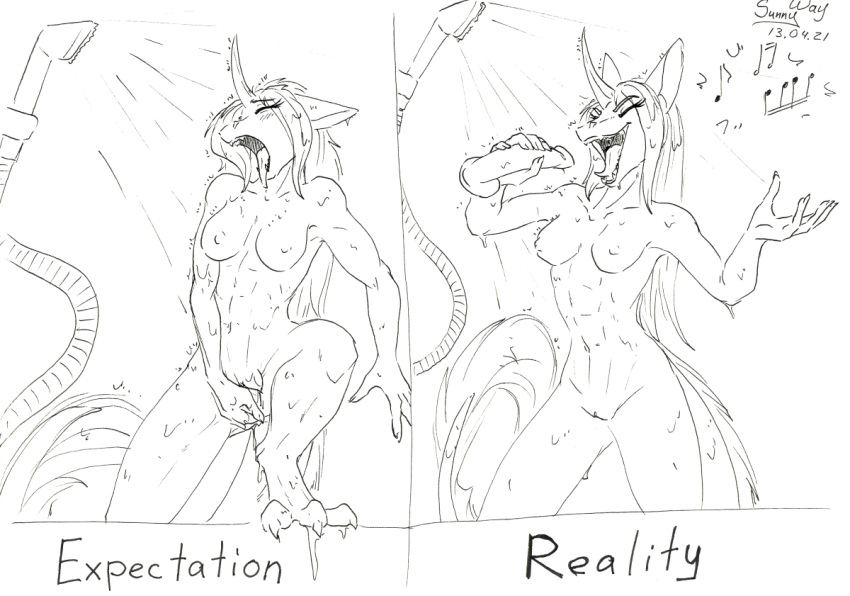 anthro breasts dildo equis_universe female genitals humor ki'rinaes muscular muscular_anthro muscular_female nipples nude open_mouth pussy sex_toy shasehra_gaelehrion shower singing sketch solo solo_focus sunny_way traditional_media_(artwork) wet