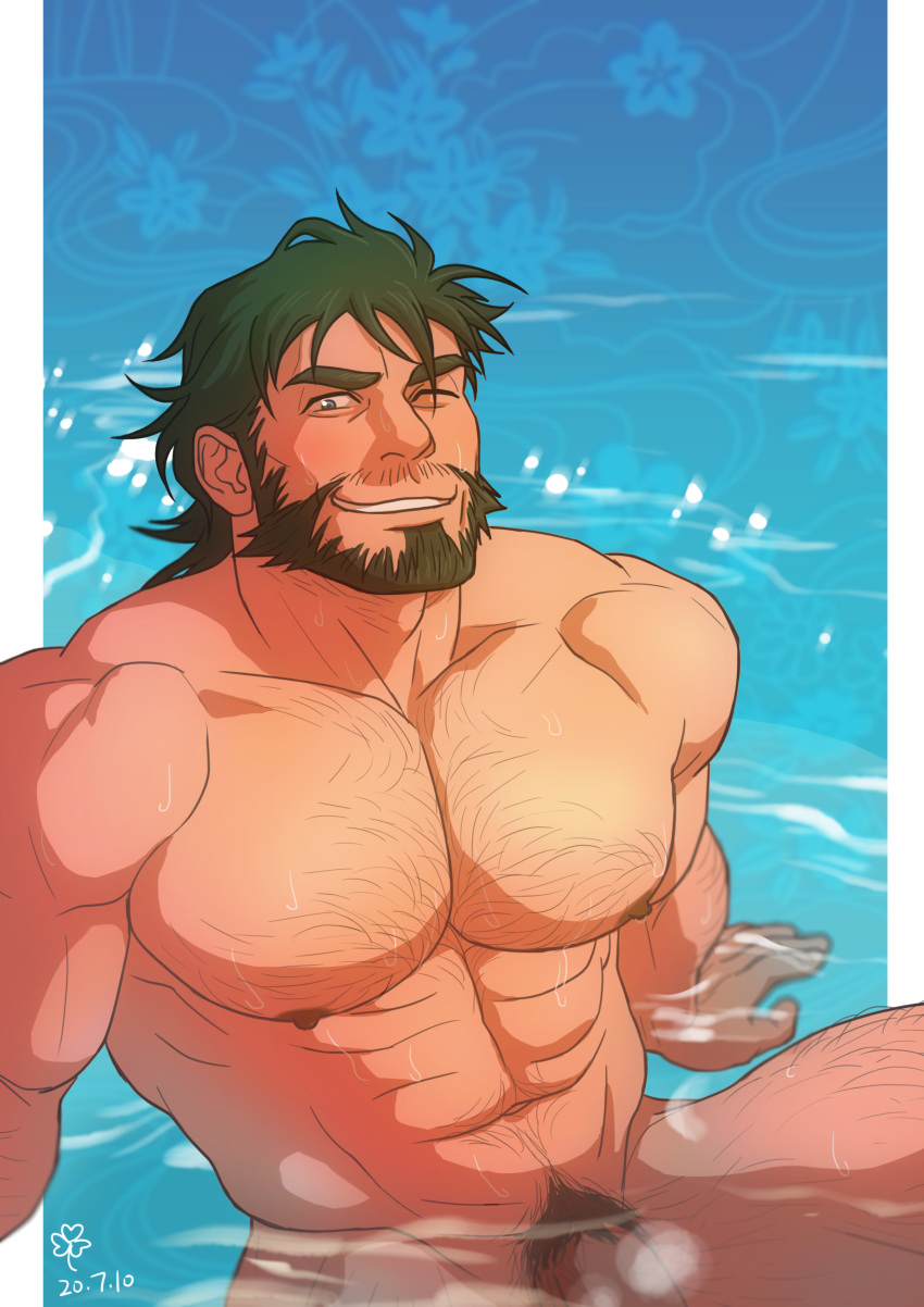 1boy abs absurdres bara beard blush chest_hair completely_nude dogandclover facial_hair feet_out_of_frame flaccid green_hair highres large_pectorals leg_hair looking_at_viewer male_focus male_pubic_hair mature_male muscular muscular_male navel navel_hair nipples nude one_eye_closed original partially_submerged pectorals penis penis_peek pubic_hair short_hair solo stomach textless thick_eyebrows water