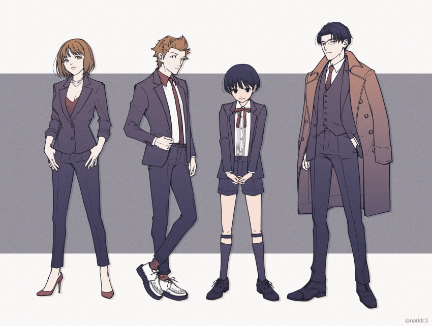 2boys 2girls arm_at_side bangs black_footwear black_hair black_jacket black_legwear black_pants black_vest bob_cut bow bowtie brown_coat brown_hair clothes_grab coat coat_on_shoulders collared_shirt crossed_legs dress_shirt formal fujimaru_nono full_body glasses hand_in_pocket hands_in_pockets high_heels highres jacket jewelry kneehighs legs_apart lineup long_sleeves multiple_boys multiple_girls naridc3 necklace necktie obishima_yukari own_hands_together pants parted_bangs red_bow red_bowtie red_footwear red_legwear red_necktie red_shirt shirt shoes short_hair sleeves_pushed_up smile sock_garters standing stiletto_heels suit thumb_in_pocket tonooka_kazuto twitter_username vest white_footwear white_shirt world_trigger yuba_takuma