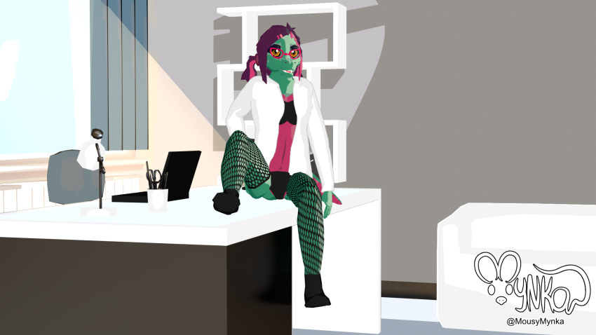 3d_(artwork) accessory alligator alligatorid anthro blouse bottomwear bra clothed clothing crocodilian desk digital_media_(artwork) eyewear fishnet fishnet_legwear furniture glasses gynomorph hair hair_accessory hairclip hi_res highlights_(coloring) intersex legwear lingerie margot_(ohlordyit'sjordie) mynka office office_clothing office_lady on_desk panties pink_highlights pinup pose purple_hair reptile scalie sitting sitting_on_desk solo table topwear unbuttoned_shirt underwear