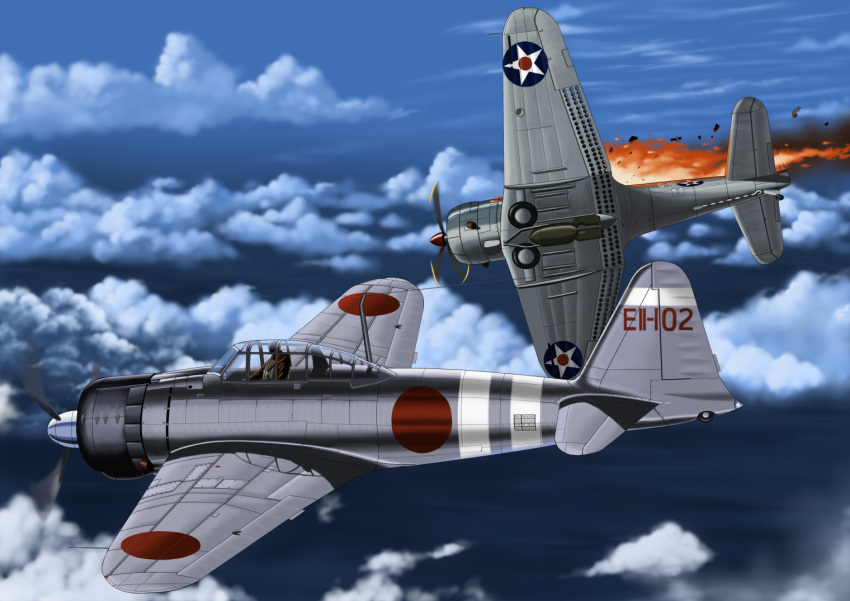 a6m_zero aircraft beroberoman bomb cloud dive_bomber fire flame historical_event imperial_japanese_navy military military_vehicle original roundel sbd_dauntless smoke star_(symbol) united_states_navy world_war_ii