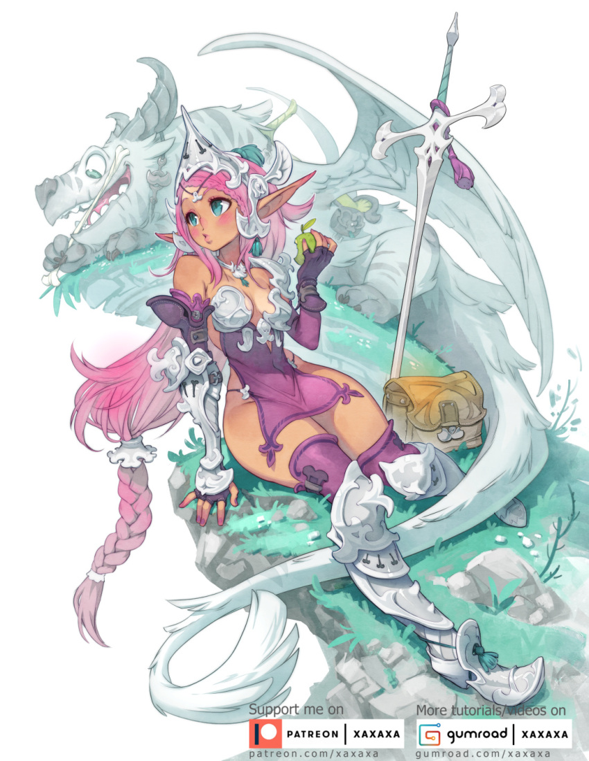 1girl 1other apple armor armored_boots bag blush bone boobplate boots braid breasts choker dragon earrings eating elf english_commentary fantasy fingernails food fruit full_body green_apple green_eyes headgear highres jewelry long_hair long_pointy_ears low_braid multi-tied_hair original pauldrons pink_hair planted planted_sword plunging_neckline pointy_ears puckered_lips purple_legwear purple_nails purple_theme purple_tunic shoulder_armor single_braid single_pauldron small_breasts solo_focus sword vambraces very_long_hair weapon xaxaxa zweihander