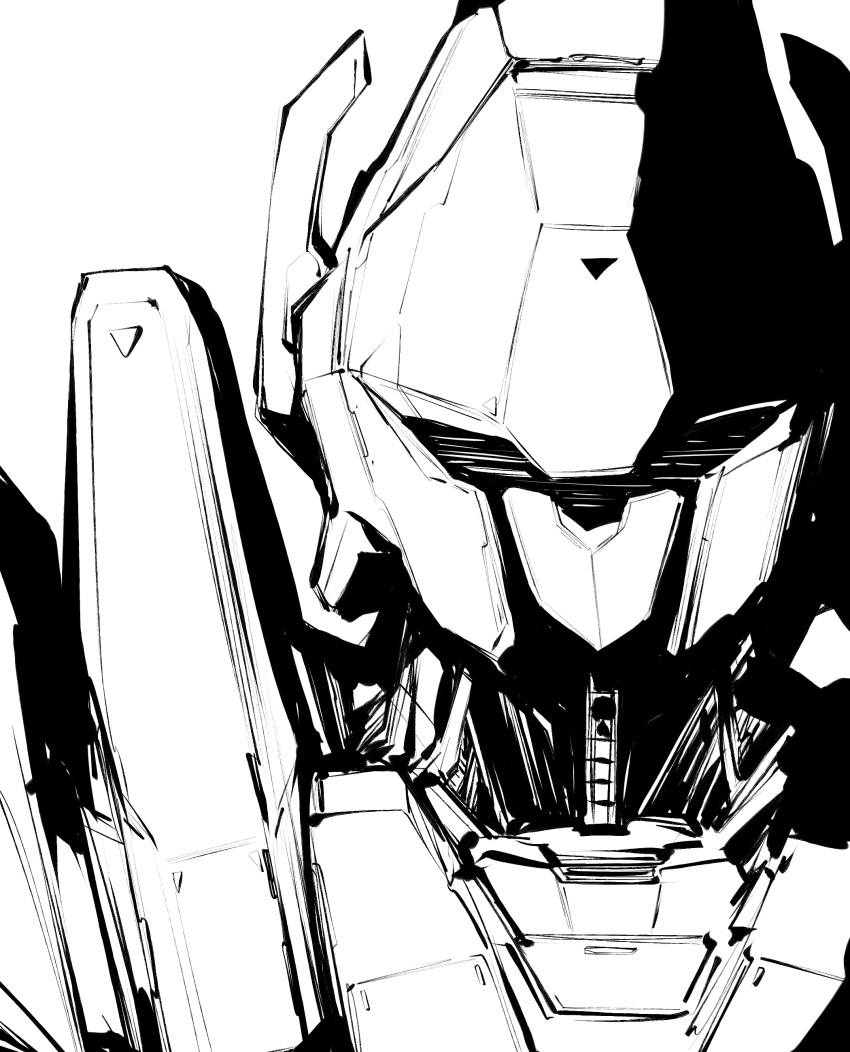 absurdres greyscale highres ishiyumi juusenki_l-gaim l-gaim looking_at_viewer mecha monochrome no_humans portrait science_fiction sketch solo visor white_background