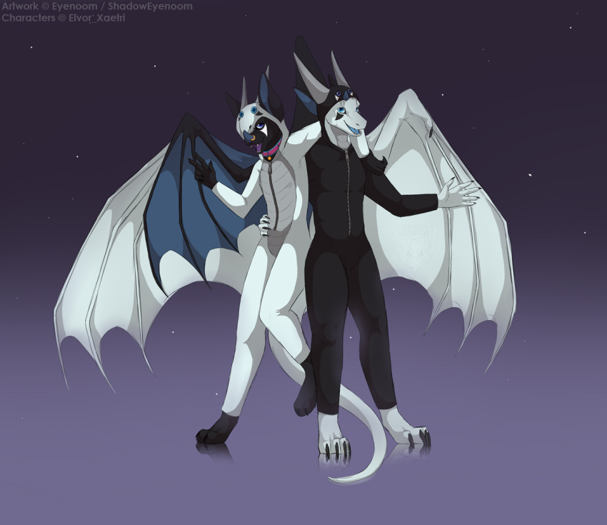 anthro batsy chiropteran dragon duo elvor_xaetri facial_piercing invalid_tag kigurumi male male/male mammal nose_piercing piercing shadoweyenoom