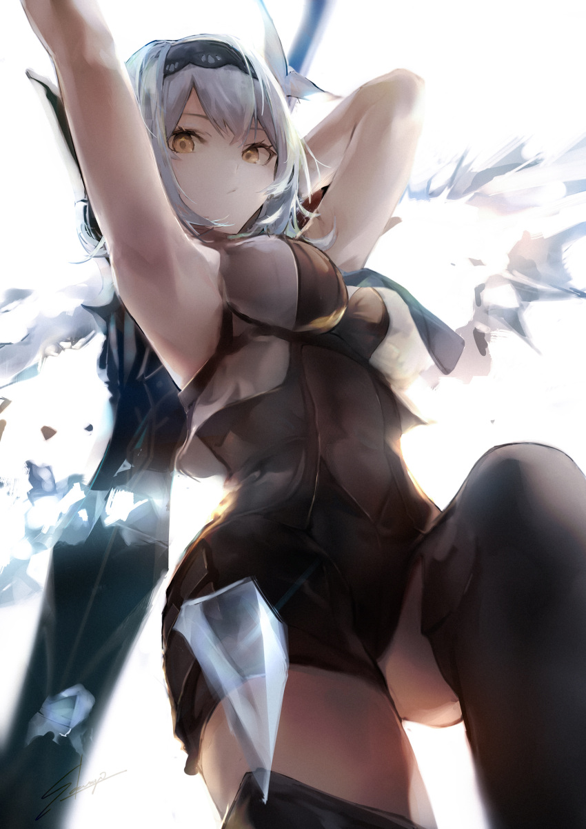 1girl absurdres armpits arms_up black_hairband black_legwear black_shorts blue_hair breasts commentary_request eula_(genshin_impact) genshin_impact hairband highres large_breasts looking_at_viewer sakusyo short_hair short_shorts shorts simple_background sleeveless solo sword thighhighs weapon white_background yellow_eyes