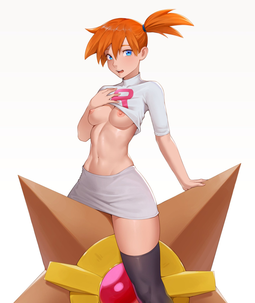 1girl areolae arm_support bangs between_legs black_legwear blue_eyes breasts cheshirrr commentary commission cosplay covered_collarbone hand_on_own_chest hand_up highres jessie_(pokemon) jessie_(pokemon)_(cosplay) lifted_by_self long_hair long_sleeves looking_at_viewer medium_breasts midriff miniskirt misty_(pokemon) navel nipples open_mouth orange_hair pokemon pokemon_(anime) pokemon_(classic_anime) pokemon_(creature) ponytail second-party_source shiny shiny_skin simple_background skirt staryu stomach team_rocket team_rocket_uniform teeth thighhighs thighs turtleneck white_background white_skirt zettai_ryouiki