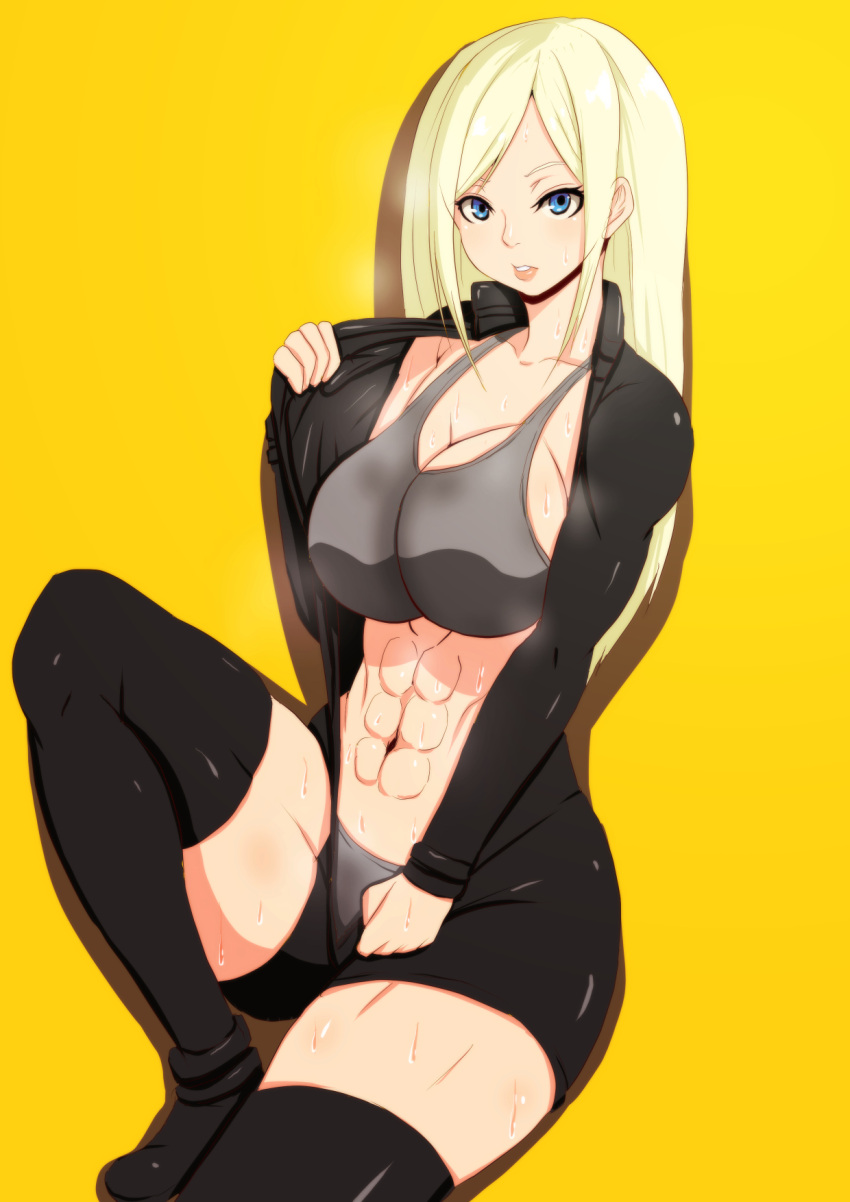 1girl abs bangs blonde_hair breasts highres hot knee_up large_breasts lips long_hair long_sleeves looking_at_viewer navel on_ass original parted_bangs parted_lips pepejii pinup_(style) removing_jacket shadow simple_background sitting sports_bra steam steaming_body stomach sweaty_clothes thighhighs underwear unzipping yellow_background zettai_ryouiki