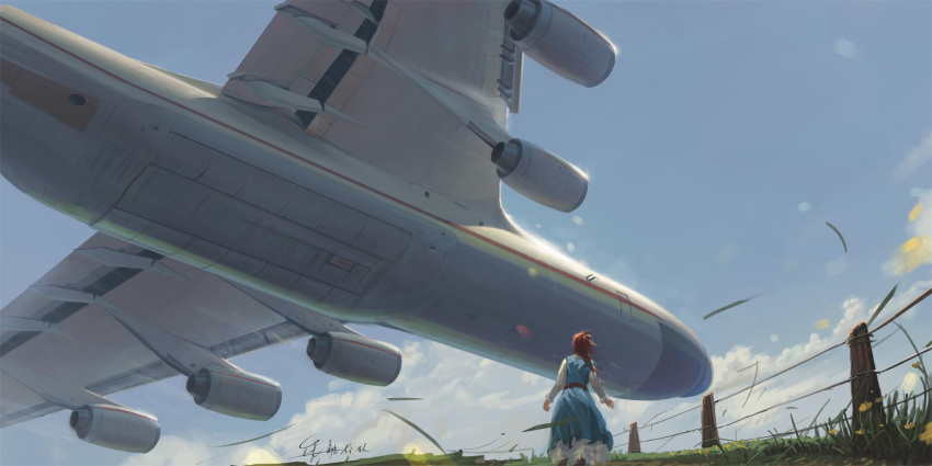 1girl aircraft airplane antonov_an-225 blue_dress blue_sky braid cloud dress engine grass highres leaf long_hair long_sleeves original outdoors shouhui_lang_qun sky