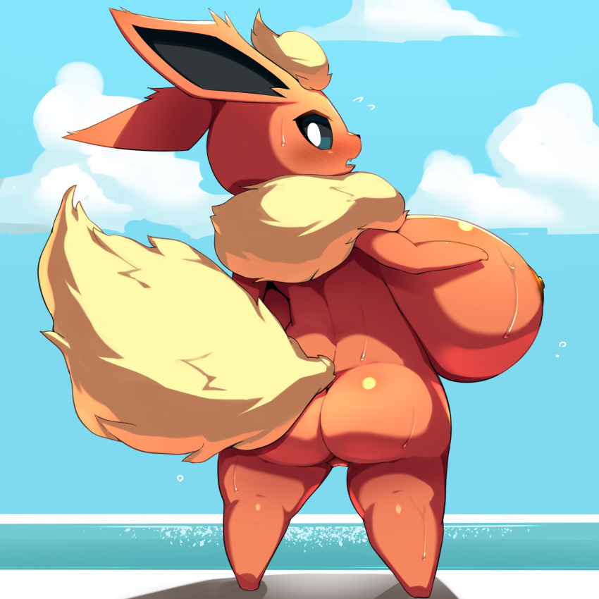 1:1 anthro big_breasts blush breasts butt eeveelution female flareon fur hi_res huge_breasts looking_at_viewer mammal nintendo nipples nude obikuragetyan pok&eacute;mon pok&eacute;mon_(species) short_stack solo video_games