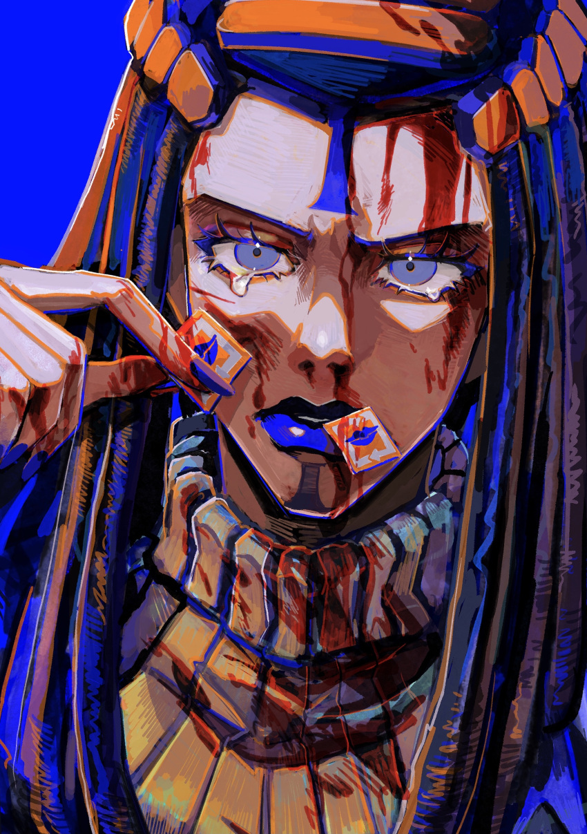 1girl absurdres black_hair blood blood_on_clothes blood_on_face blue_eyes blue_lips crying crying_with_eyes_open dreadlocks ermes_costello facial_mark hair_ornament hand_on_own_cheek hand_on_own_face highres jojo_no_kimyou_na_bouken kiss_(stand) long_hair looking_at_viewer nail_polish natchan_blue_(nanairopenki) nosebleed open_mouth solo sticker stone_ocean sweater tears turtleneck