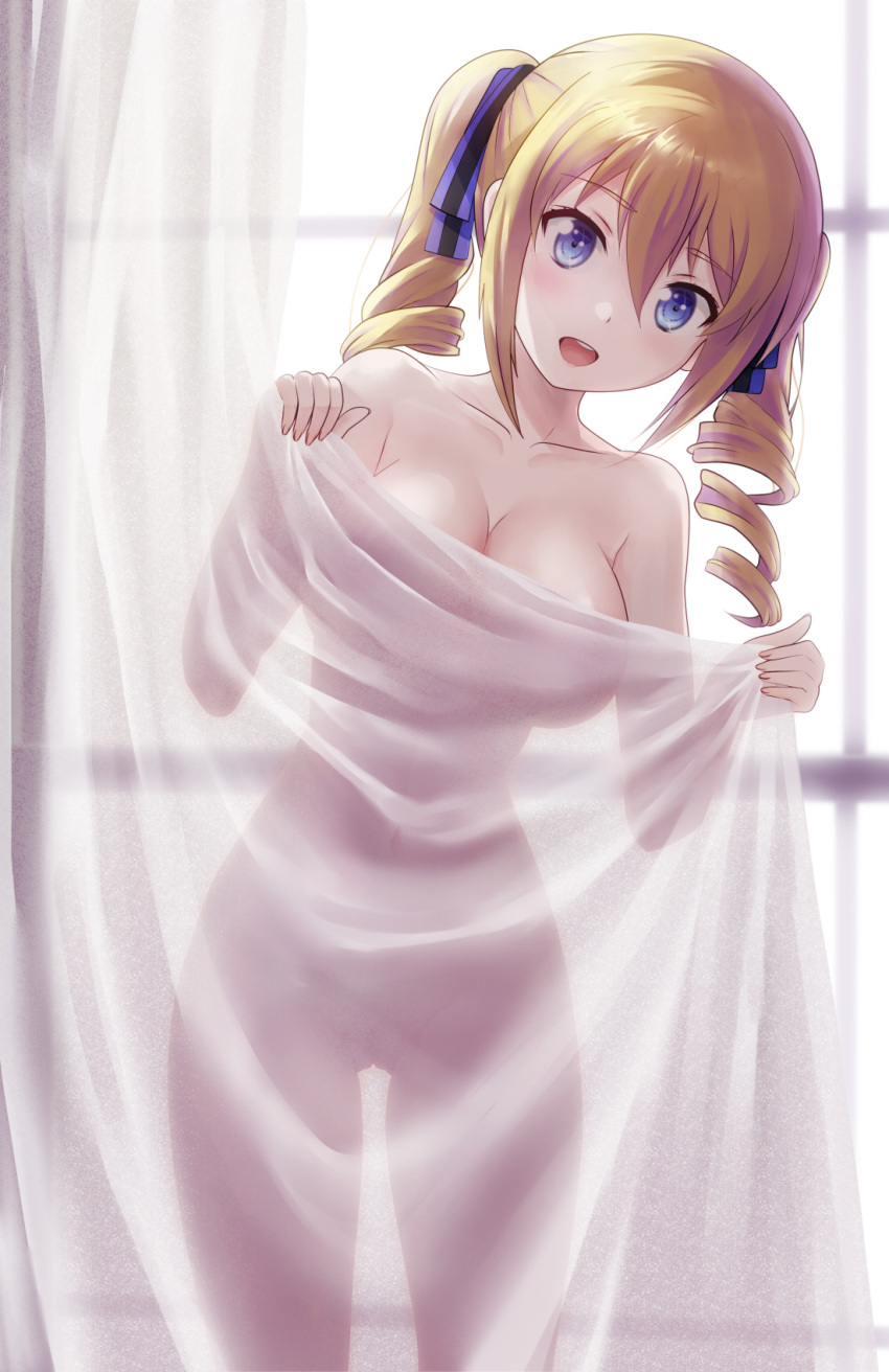 angelina_kudou_shields blonde_hair blue_eyes breasts curtain_grab curtains drill_hair highres holding large_breasts mahouka_koukou_no_rettousei nude pasya-pasya solo twin_drills twintails