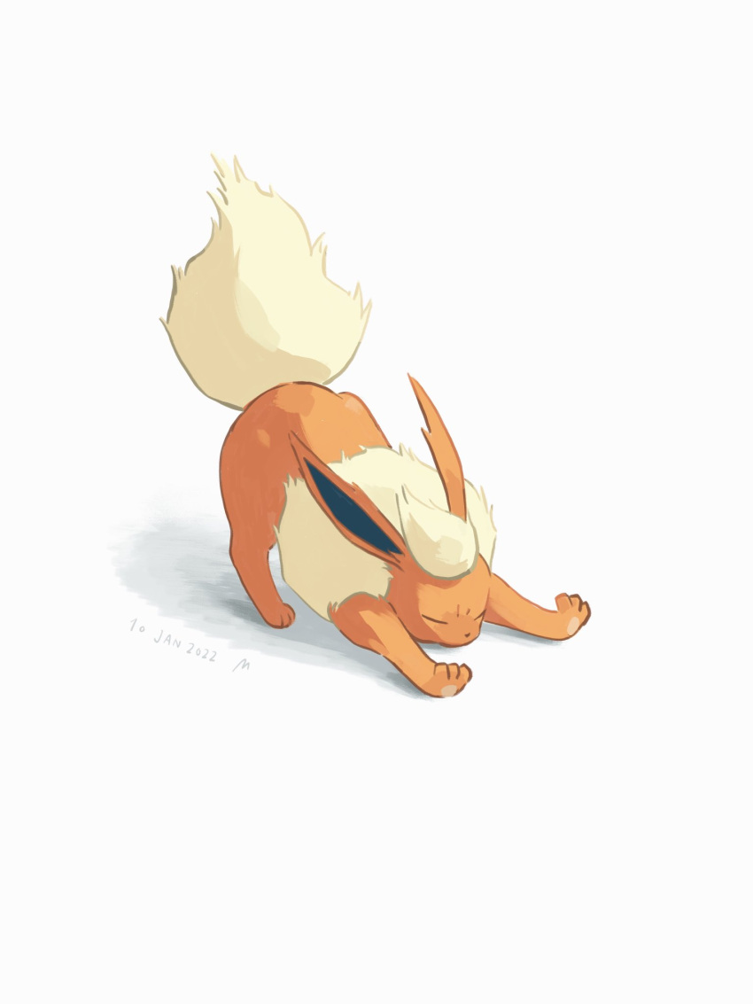 animal_focus closed_eyes commentary_request dated flareon full_body highres mokuzou_(moku_ssbu) no_humans pokemon pokemon_(creature) signature solo stretch white_background