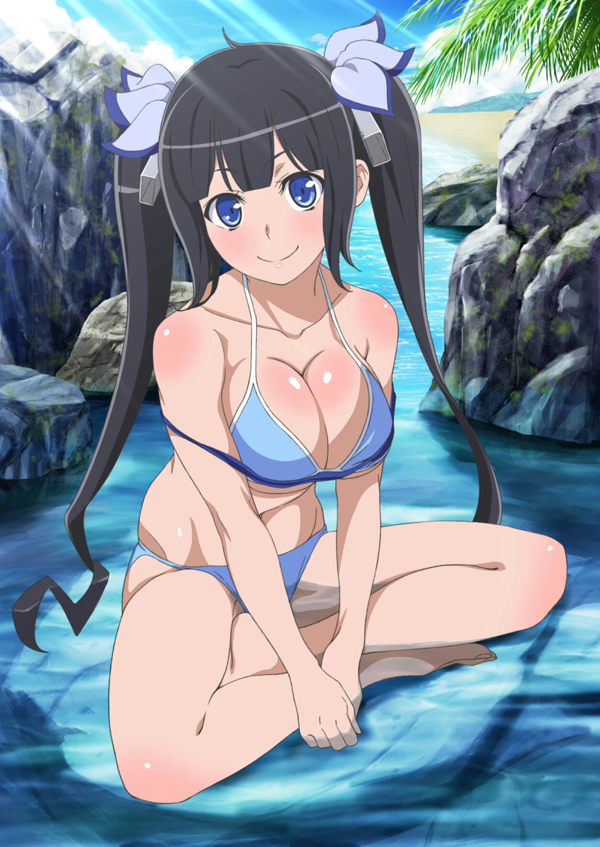 1girl bangs bare_legs barefoot beach bikini black_hair blue_bikini blue_eyes blue_sky blush breasts cleavage closed_mouth commentary_request day dungeon_ni_deai_wo_motomeru_no_wa_machigatteiru_darou_ka eyebrows_visible_through_hair full_body hair_ribbon hestia_(danmachi) highres indian_style large_breasts long_hair navel outdoors palm_tree rei_no_himo ribbon rock sitting sky smile solo stomach swimsuit thighs tree twintails wakusei-planet