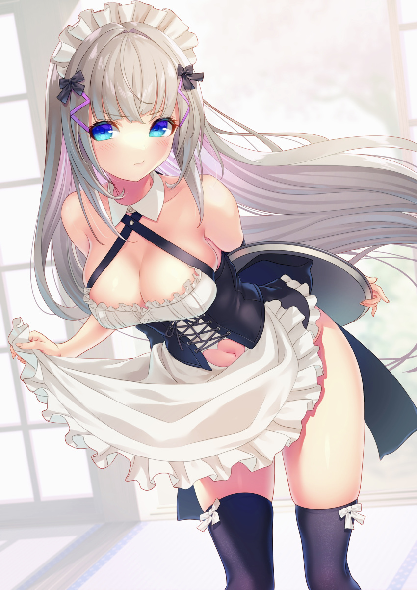 1girl absurdres alternate_costume apron apron_lift bangs bare_shoulders black_bow black_legwear blue_eyes blunt_bangs blush bow bow_legwear breasts cleavage collar enmaided frilled_apron frills hair_bow highres large_breasts long_hair looking_at_viewer maid maid_apron maid_headdress navel original over-kneehighs silver_hair solo thighhighs thighs white_collar yoko-ya_manjirou