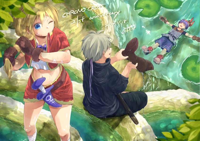 1girl 2boys bandages blonde_hair blue_eyes blue_hair breasts chrono_cross crop_top facial_mark glenn gloves high_ponytail jewelry kid_(chrono_cross) long_hair midriff multiple_boys navel necklace oosuzu_aoi open_mouth ponytail serge skirt vest wet