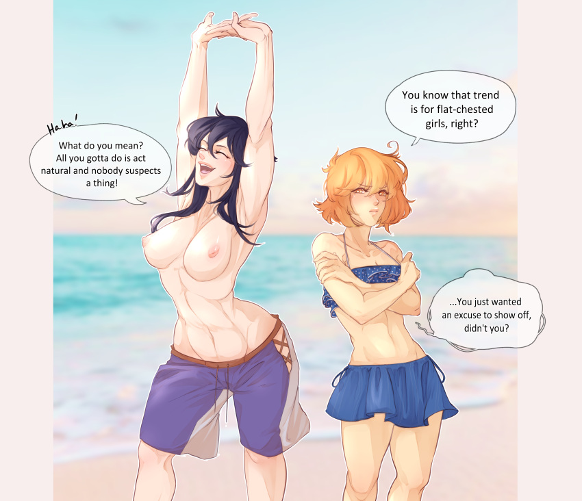 2girls absurdres ahoge bikini black_hair blush breasts closed_eyes commission commissioner_upload crossed_arms dialogue_box fire_emblem fire_emblem:_genealogy_of_the_holy_war fire_emblem_heroes flat_chest frilled_bikini frills highres iaurencin lana_(fire_emblem) larcei_(fire_emblem) male_swimwear male_swimwear_challenge midriff multiple_girls ocean open_mouth orange_eyes orange_hair pout short_hair smile swimsuit tomboy topless
