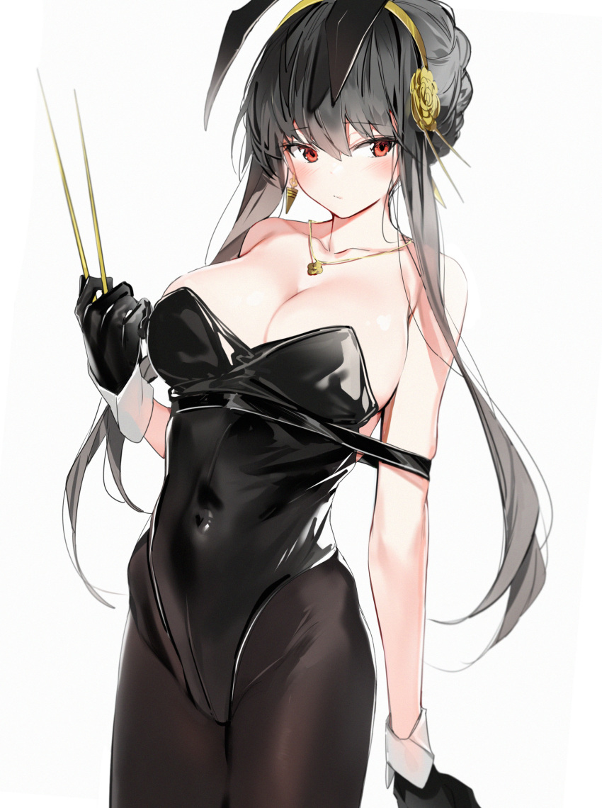 1girl absurdres animal_ears bangs black_hair black_leotard breasts brown_legwear commentary_request covered_navel dagger fake_animal_ears highleg highleg_leotard highres knife large_breasts leotard long_hair looking_at_viewer pantyhose playboy_bunny rabbit_ears red_eyes sidelocks silver_(chenwen) solo spy_x_family thighs weapon wrist_cuffs yor_briar