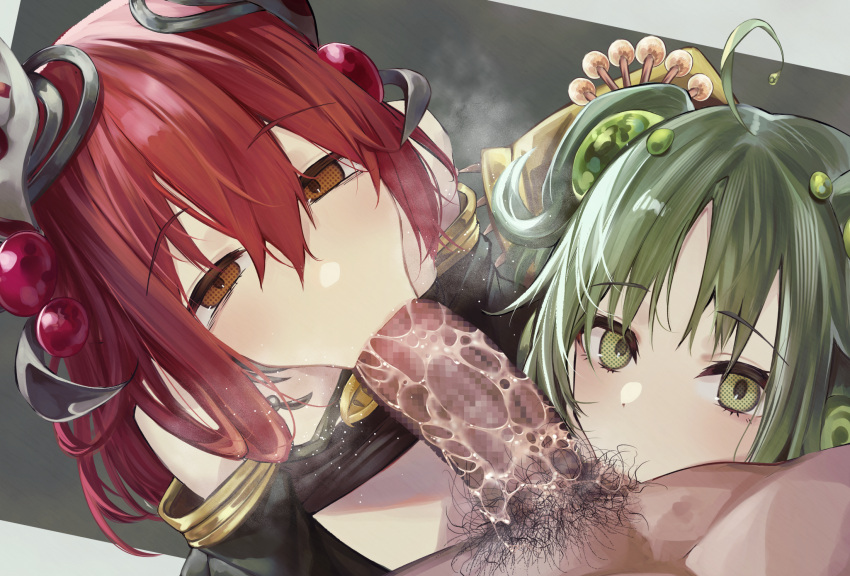 1boy 2girls :&gt;= ahoge bare_shoulders brown_eyes censored detached_sleeves duel_monster erection eyebrows_visible_through_hair fellatio ffm_threesome green_eyes green_hair group_sex hair_between_eyes hair_ornament highres horns long_hair looking_at_viewer male_pubic_hair mosaic_censoring multiple_girls oral penis pubic_hair red_hair suujiniku testicle_sucking threesome traptrix_allomerus traptrix_sera yu-gi-oh!