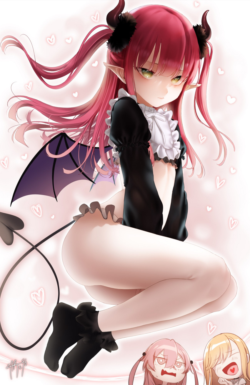 2girls ^_^ bangs black_legwear blunt_bangs blush chibi closed_eyes closed_mouth cosplay crop_top demon_girl demon_horns demon_tail demon_wings embarrassed english_commentary feet_together flat_chest frilled_panties frilled_shirt frills from_side full_body green_eyes heart heart_background heart_in_mouth highres horns imagining inui_sajuna kitagawa_marin legs_together long_hair looking_at_viewer multiple_girls open_mouth panties pointy_ears red_hair rizu-kyun shirt signature socks solo_focus sono_bisque_doll_wa_koi_wo_suru sweatdrop tail thighs thought_bubble two_side_up underwear wide-eyed wings zasshu