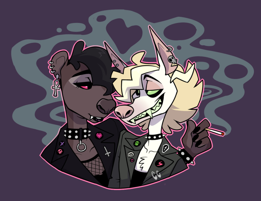 &lt;3 anthro blonde_hair boyfriends brown_body brown_fur brown_hair cadaverrdog canid canine canis chest_tuft cigarette clothing collar denim denim_clothing denim_jacket domestic_dog duo ear_piercing ear_ring euplerid eye_spots eyeliner fangs fossa fur green_sclera hair half-closed_eyes herding_dog issac_(cadaverrdog) jacket leather leather_clothing leather_jacket leather_topwear lips love makeup male male/male mammal mesh_shirt narrowed_eyes pastoral_dog piercing punk purple_background raziel_(fleetwoodbrak) red_sclera romantic romantic_couple sharp_teeth simple_background smile smirk smoking smoking_tobacco smug smug_face smug_grin studded_bracelet studded_collar teeth thick_bottom_lip topwear tuft white_body white_fur