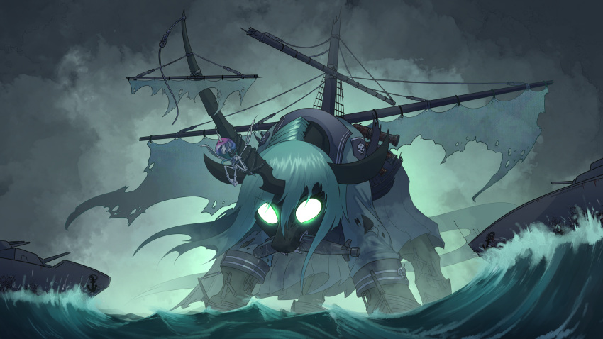 absurd_res arthropod bone changeling fangs friendship_is_magic glowing glowing_eyes green_eyes green_hair hair hi_res horn my_little_pony princess_celestia_(mlp) queen_chrysalis_(mlp) sea ship skeleton submarine underpable vehicle water watercraft wave