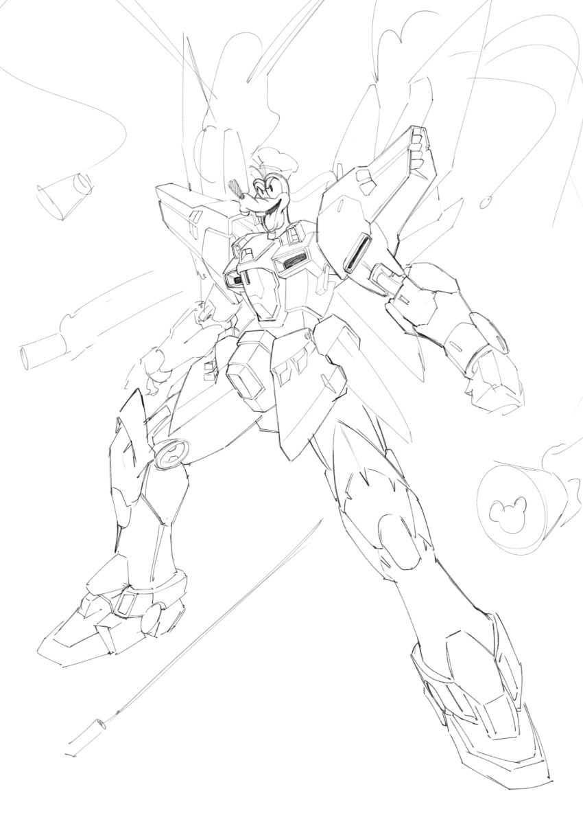 clenched_hand cosmikaizer disney fusion goofy greyscale highres huckebein looking_ahead mecha missile monochrome no_humans open_hand open_mouth pun science_fiction sketch solo super_robot_wars super_robot_wars_original_generation
