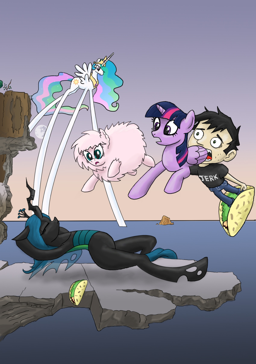 2014 absurd_res arthropod black_body changeling cliff clothed clothing crown dan_(dan_vs.) dan_vs. detailed_background english_text equid equine female feral floating fluffle_puff fluffy food friendship_is_magic fur group hasbro hi_res horn horse human inspired_by_formal_art jumping long_legs lying male mammal moon mozgan my_little_pony on_back open_mouth outside pink_body pink_fur pony princess_celestia_(mlp) purple_body queen_chrysalis_(mlp) shirt signature sky taco text text_on_clothing text_on_shirt text_on_topwear topwear twilight_sparkle_(mlp) walking water white_body winged_unicorn wings