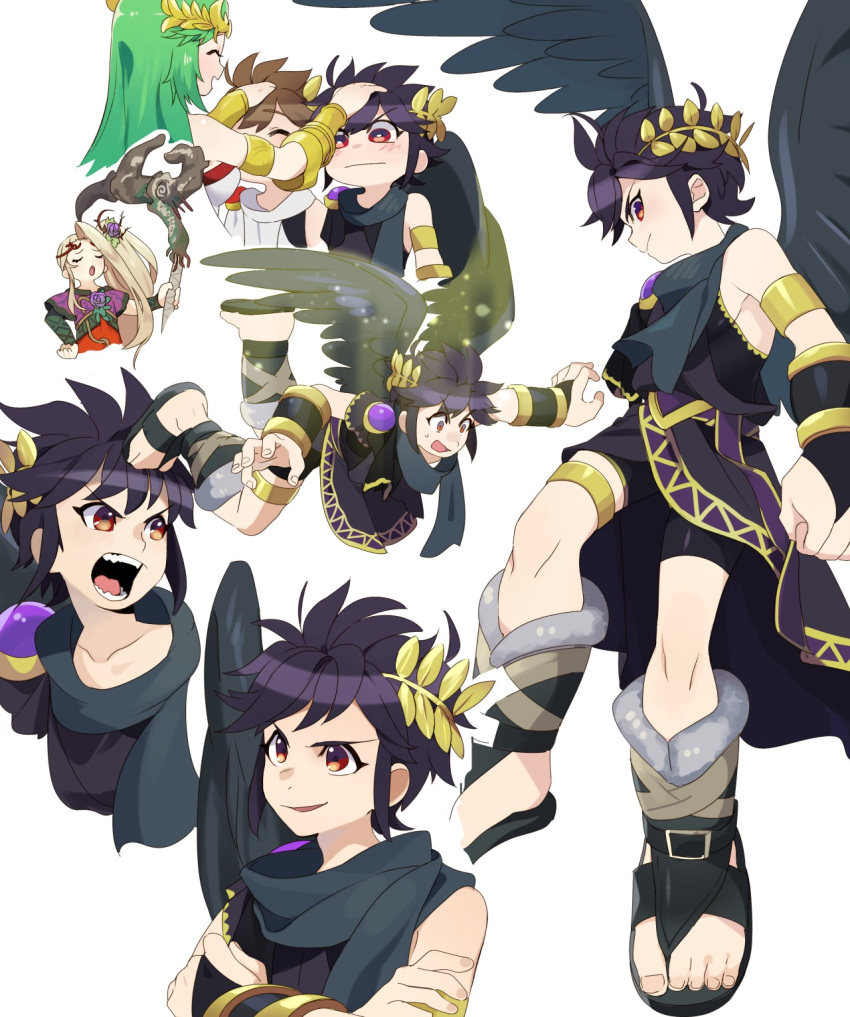 2boys 2girls angel angel_wings black_hair blonde_hair blush crossed_arms dark_pit flying goddess green_hair hair_ornament hand_on_hip highres jerun jewelry kid_icarus kid_icarus_uprising long_hair multiple_boys multiple_girls multiple_views nachure open_mouth palutena pit_(kid_icarus) smile teeth very_long_hair wings