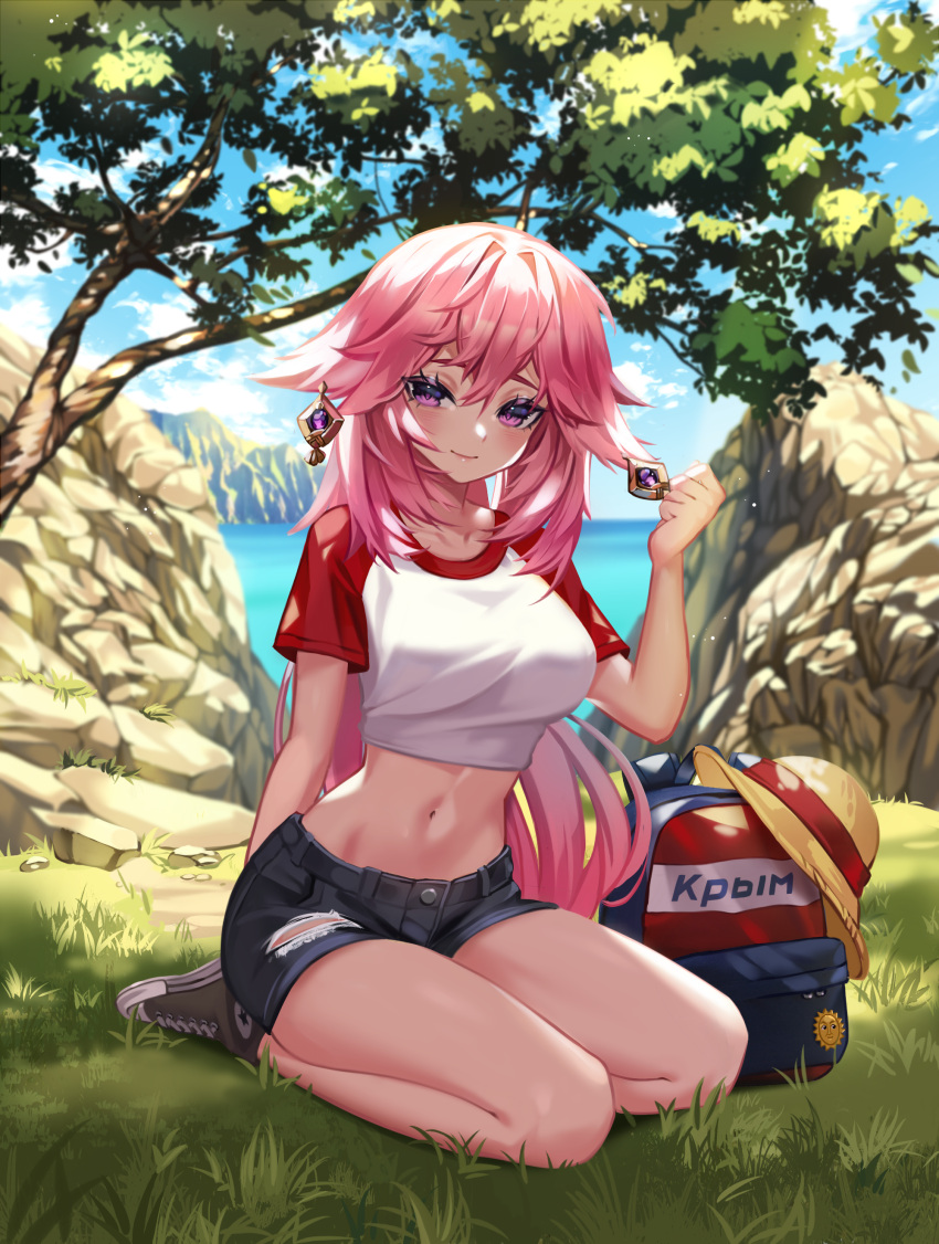 1girl absurdres alternate_costume animal_ears blue_sky breasts closed_mouth cloud cloudy_sky crop_top female_only footwear genshin_impact grass hat headwear_request highres kitsunemimi kokonattsu large_breasts light_rays long_hair mountain pink_hair purple_eyes shoes shorts sky smile sneakers solo sunbeam sunlight tree very_high_resolution water yae_miko_(genshin_impact)