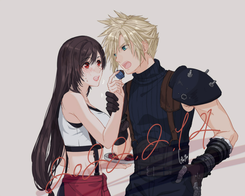 1boy 1girl apron armor bare_shoulders black_hair black_skirt blonde_hair blue_eyes blush breasts chocolate cloud_strife couple crop_top dated final_fantasy final_fantasy_vii final_fantasy_vii_remake gloves grabbing_another's_hand holding kudou_asami large_breasts long_hair midriff open_mouth red_eyes shoulder_armor skirt sleeveless sleeveless_turtleneck spiked_hair suspender_skirt suspenders tank_top tifa_lockhart turtleneck valentine waist_apron