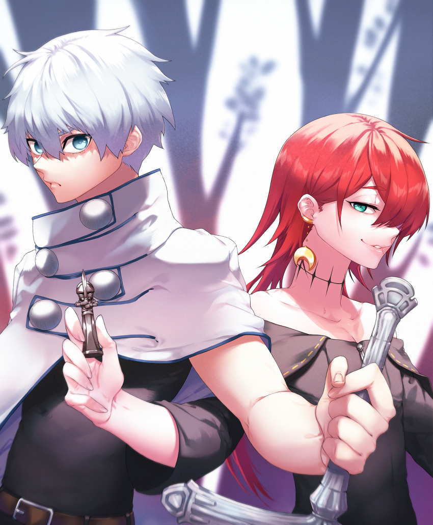 androgynous bare_shoulders belt blue_eyes chess_piece crimson_(ragna_crimson) earrings green_eyes grimace grin highres holding holding_weapon jewelry looking_at_viewer medium_hair memory16 multiple_boys neck_tattoo pawn ragna_(ragna_crimson) ragna_crimson red_hair short_hair silver_hair smile smirk sword tattoo weapon