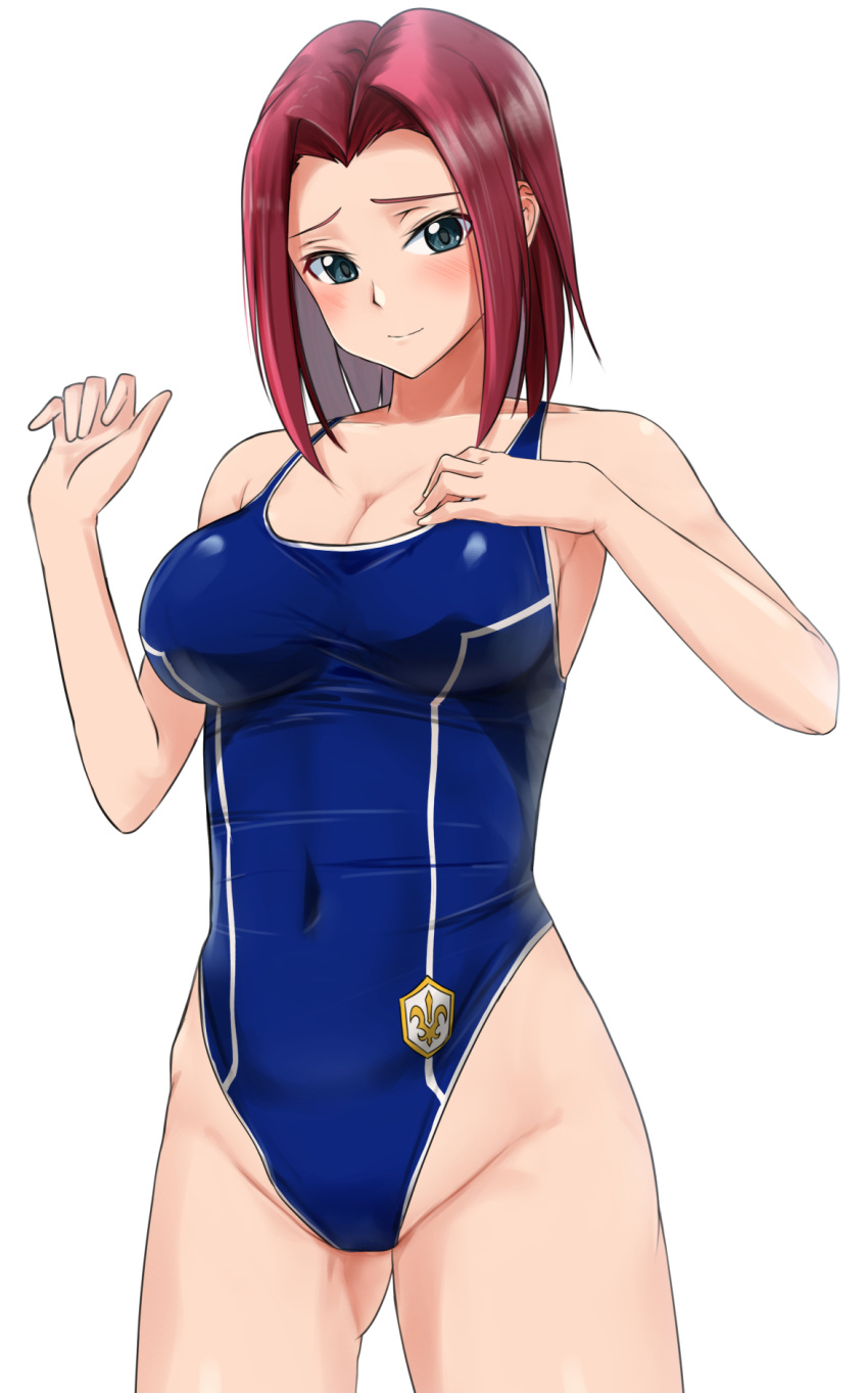 1girl ashford_academy_swimsuit blue_eyes blue_swimsuit breasts cleavage code_geass covered_navel cowboy_shot highleg highleg_swimsuit highres kallen_stadtfeld large_breasts looking_at_viewer multicolored_clothes red_hair school_swimsuit short_hair simple_background solo standing super_robot_wars swimsuit white_background ykh1028