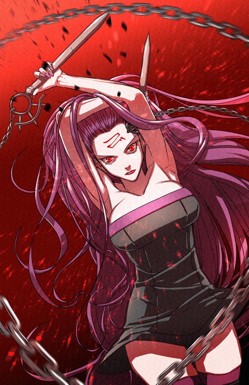 1girl absurdres black_dress chain dress facial_mark fate/grand_order fate_(series) forehead forehead_mark highres long_hair medusa_(fate) medusa_(rider)_(fate) nameless_dagger_(fate) purple_hair red_eyes seriousman very_long_hair